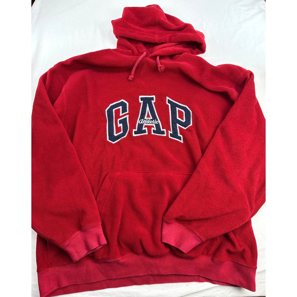 Vintage 90s GAP Athletic Fleece Hoodie Red Embroidered Spellout Logo Mens Large